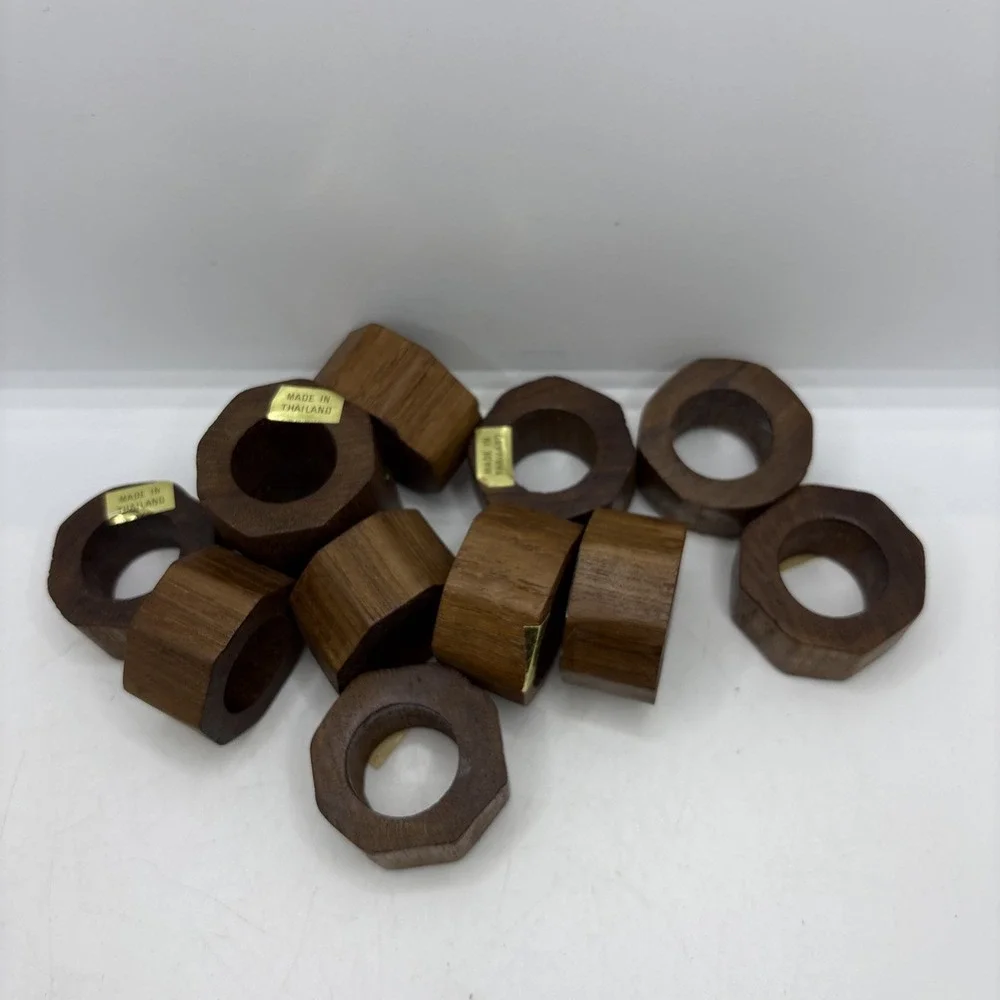 Hand‎ Crafted Teak Wood Round Napkin Rings Made in Thailand Set of 12